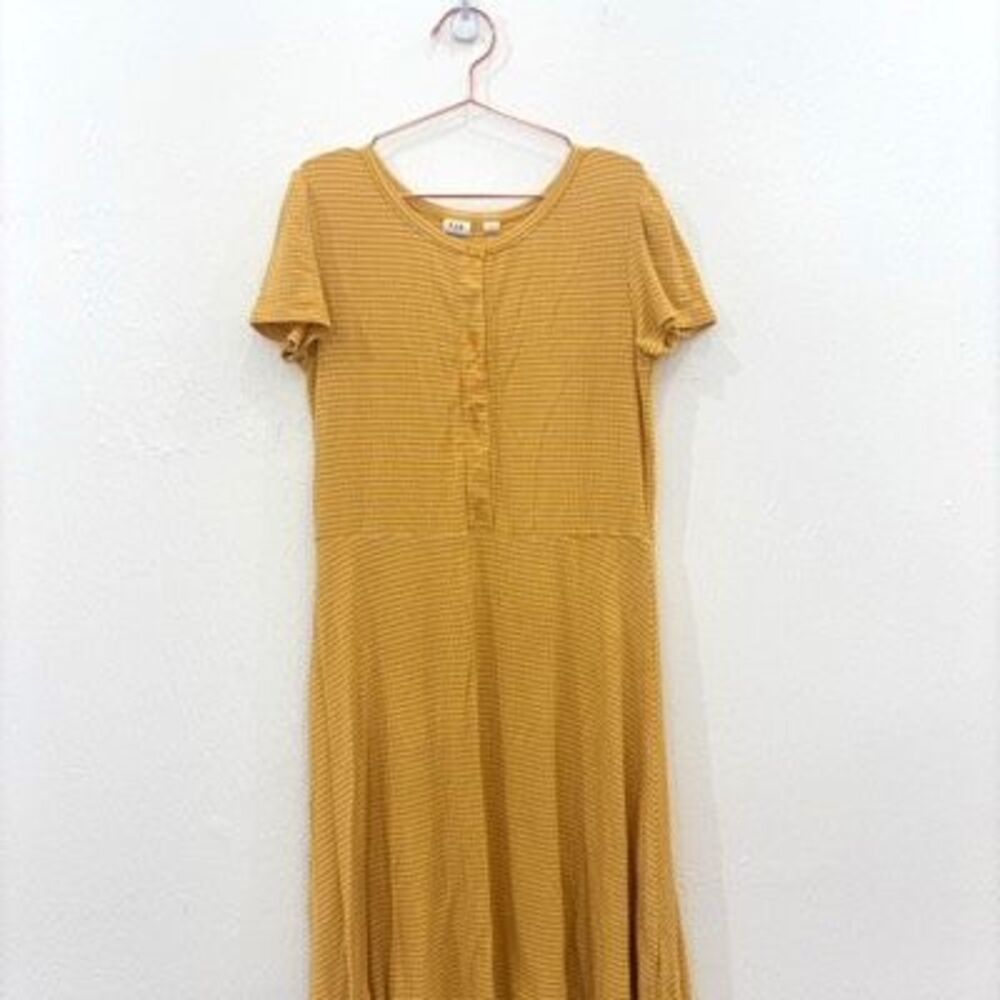 Gap Kids Mustard Yellow White Striped Ribbed Button Fit Flare Dress Size Large